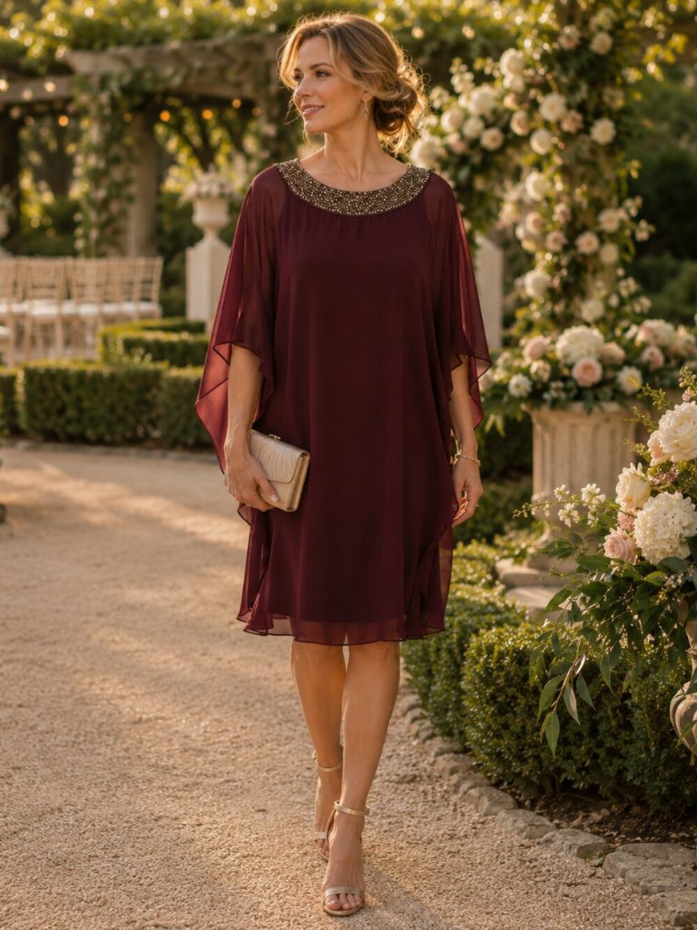 XSCAPE Burgundy Beaded Cape Dress | Elegant Evening Cocktail Dress | Size 12 - Picture 2 of 11
